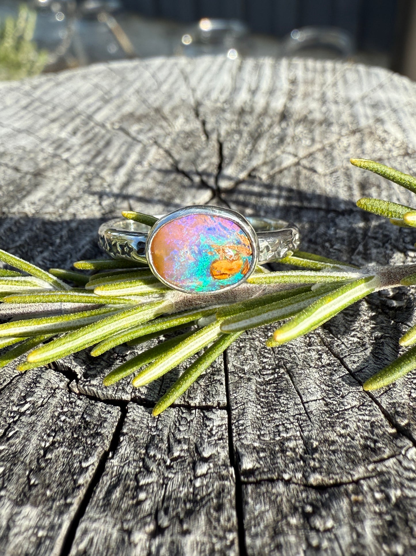 Blue and Pink Pipe Opal Ring